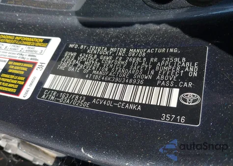 2009 Toyota Camry Le z USA, uszkodzony, nr VIN 4T1BE46K39U348936